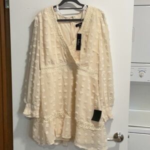 Cream Textured V-Neck Dress